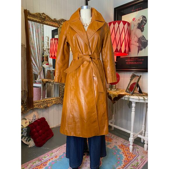 Vintage Jackets & Blazers - vintage 1970s leather trench coat 70s tie waist mod basketweave butterfly collar